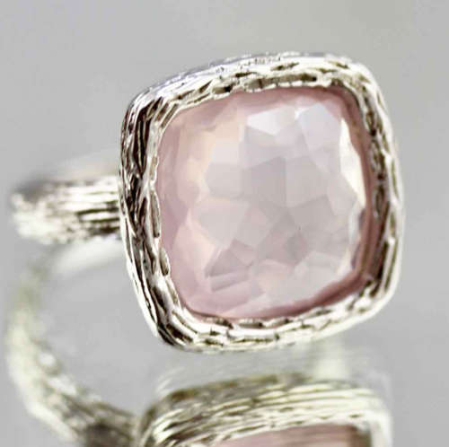 LARGE HANDCRAFTED CUSHION-FACETED NATURAL ROSE QUARTZ RHODIUM-PLATED STERLING SILVER RING. 925