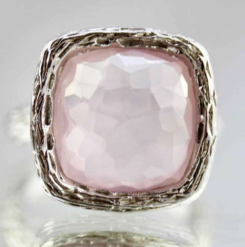 LARGE HANDCRAFTED CUSHION-FACETED NATURAL ROSE QUARTZ RHODIUM-PLATED STERLING SILVER RING. 925