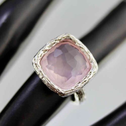 LARGE HANDCRAFTED CUSHION-FACETED NATURAL ROSE QUARTZ RHODIUM-PLATED STERLING SILVER RING. 925