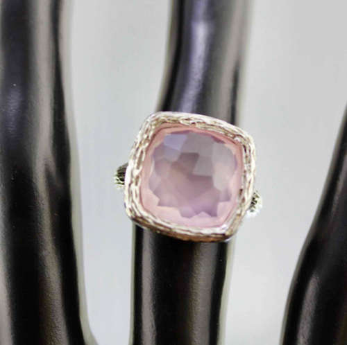 LARGE HANDCRAFTED CUSHION-FACETED NATURAL ROSE QUARTZ RHODIUM-PLATED STERLING SILVER RING. 925