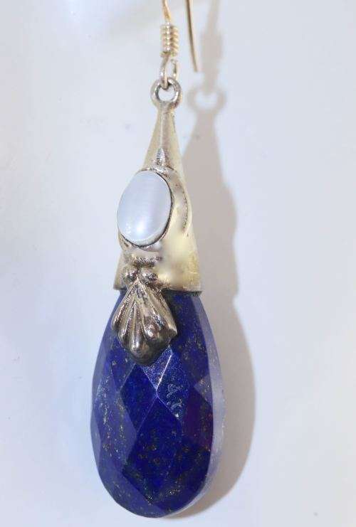 NATURAL LAPIS LAZULI AND PEARL STERLING SILVER DROP AND DANGLE EARRINGS. 925