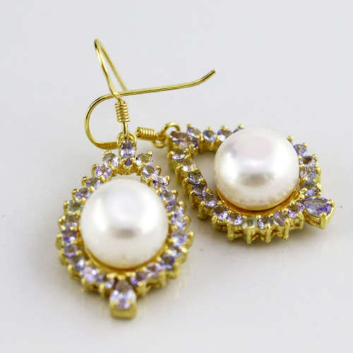 NATURAL FRESHWATER PEARL AND TANZNITE DROP & DANGLE EARRINGS SOLID STERLING GOLD-HUE FINISH