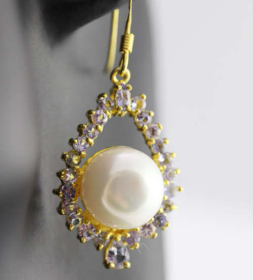 NATURAL FRESHWATER PEARL AND TANZNITE DROP & DANGLE EARRINGS SOLID STERLING GOLD-HUE FINISH