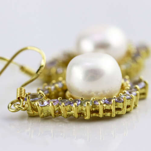 NATURAL FRESHWATER PEARL AND TANZNITE DROP & DANGLE EARRINGS SOLID STERLING GOLD-HUE FINISH