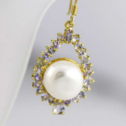 NATURAL FRESHWATER PEARL AND TANZNITE DROP & DANGLE EARRINGS SOLID STERLING GOLD-HUE FINISH