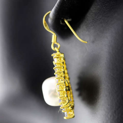 NATURAL FRESHWATER PEARL AND TANZNITE DROP & DANGLE EARRINGS SOLID STERLING GOLD-HUE FINISH