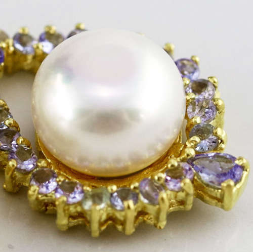 NATURAL FRESHWATER PEARL AND TANZNITE DROP & DANGLE EARRINGS SOLID STERLING GOLD-HUE FINISH