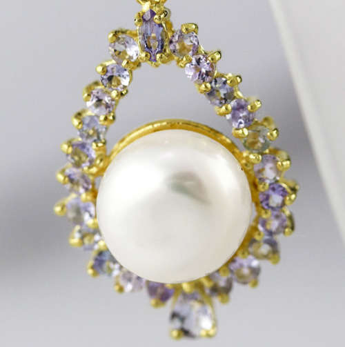 NATURAL FRESHWATER PEARL AND TANZNITE DROP & DANGLE EARRINGS SOLID STERLING GOLD-HUE FINISH