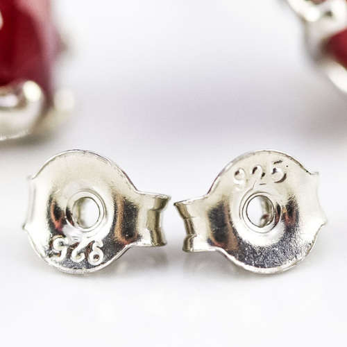 NATURAL RUBY LARGE STERLING SILVER STUD EARRINGS WITH FLORAL CLAW DETAIL. 925