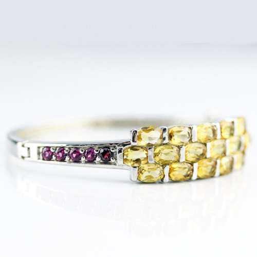 STRIKING NATURAL CITRINE AND RHODALITE GARNET SOLID STERLING SILVER BANGLE. 925