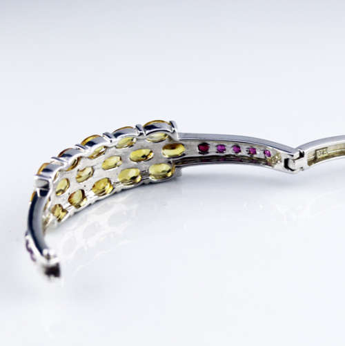 STRIKING NATURAL CITRINE AND RHODALITE GARNET SOLID STERLING SILVER BANGLE. 925