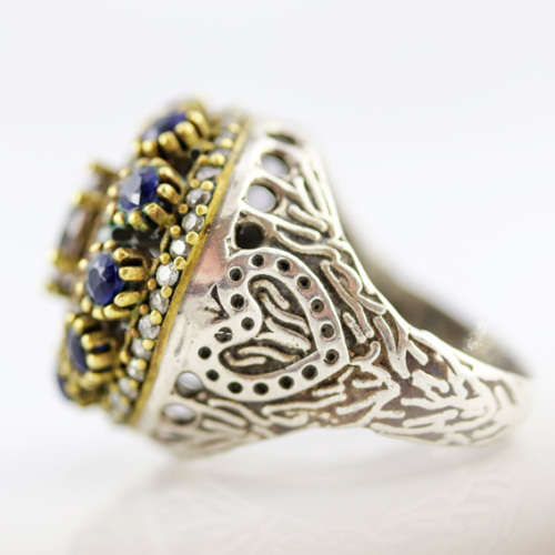 LARGE VINTAGE STERLING SILVER SMOKY QUARTZ AND BLUE SAPPHIRE RING, SLIGHTLY OXIDISED EFFECT. 925