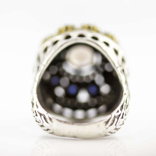 LARGE VINTAGE STERLING SILVER SMOKY QUARTZ AND BLUE SAPPHIRE RING, SLIGHTLY OXIDISED EFFECT. 925