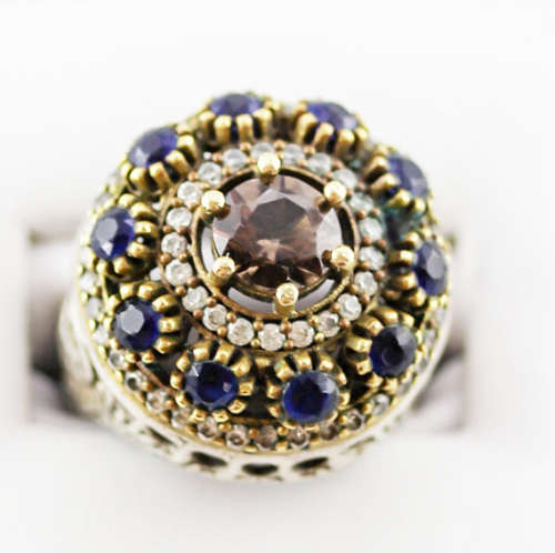 LARGE VINTAGE STERLING SILVER SMOKY QUARTZ AND BLUE SAPPHIRE RING, SLIGHTLY OXIDISED EFFECT. 925