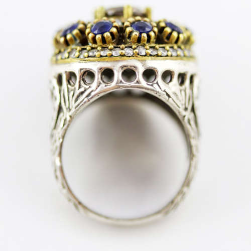 LARGE VINTAGE STERLING SILVER SMOKY QUARTZ AND BLUE SAPPHIRE RING, SLIGHTLY OXIDISED EFFECT. 925