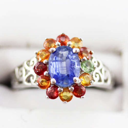 GORGEOUS BRIGHT CORNFLOWER BLUE KYANITE AND REAL SONGEA MINED SAPPHIRES SOLID STERLING SILVER RING