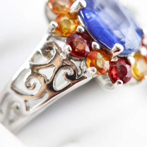 GORGEOUS BRIGHT CORNFLOWER BLUE KYANITE AND REAL SONGEA MINED SAPPHIRES SOLID STERLING SILVER RING