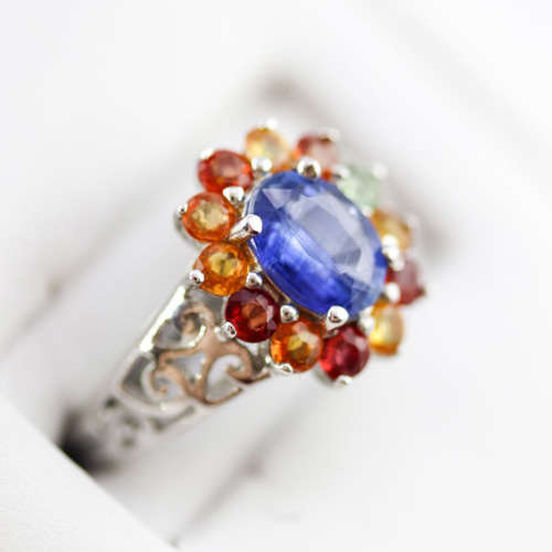 GORGEOUS BRIGHT CORNFLOWER BLUE KYANITE AND REAL SONGEA MINED SAPPHIRES SOLID STERLING SILVER RING