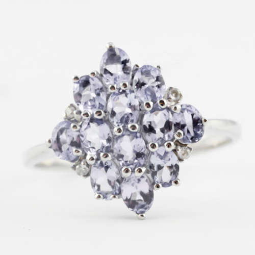 BEAUTIFUL ENGLISH VINTAGE TANZANITE DIAMOND 9CT WHITE GOLD RING GOOD CUT CLARITY. BIRMINGHAM ASSAY