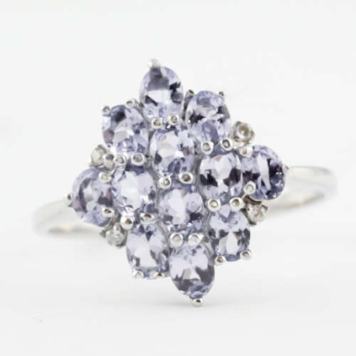 BEAUTIFUL ENGLISH VINTAGE TANZANITE DIAMOND 9CT WHITE GOLD RING GOOD CUT CLARITY. BIRMINGHAM ASSAY