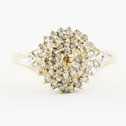 VINTAGE 0,33ct DIAMOND TIERED CLUSTER 9CT YELLOW GOLD RING. WELL HALLMARKED JEWELLER CERT R12`800