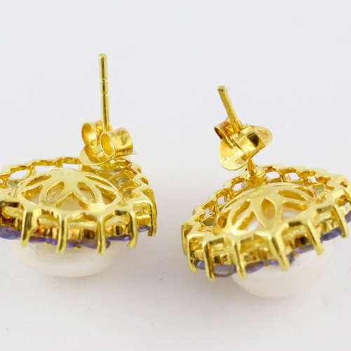 STUNNING MABÉ PEARL AND NATURAL TANZANITE STUD EARRINGS STERLING SILVER WITH A YELLOW GOLD FINISH