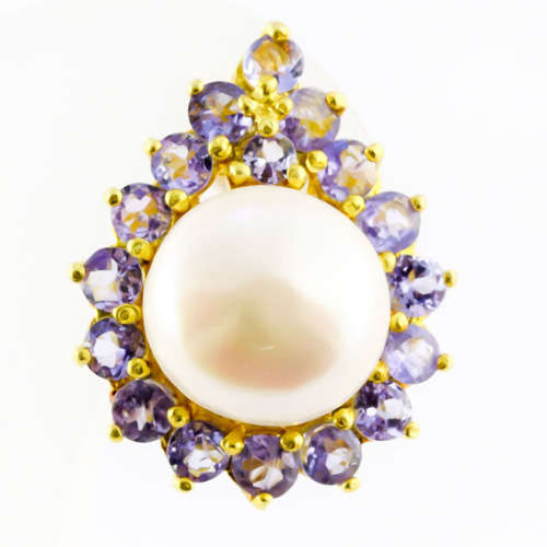 STUNNING MABÉ PEARL AND NATURAL TANZANITE STUD EARRINGS STERLING SILVER WITH A YELLOW GOLD FINISH
