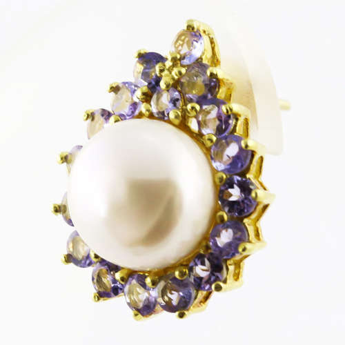 STUNNING MABÉ PEARL AND NATURAL TANZANITE STUD EARRINGS STERLING SILVER WITH A YELLOW GOLD FINISH