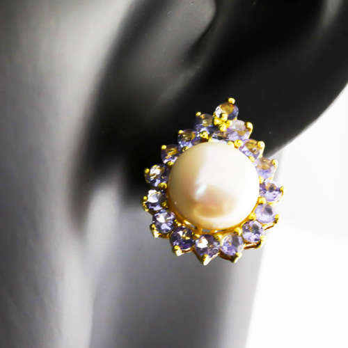 STUNNING MABÉ PEARL AND NATURAL TANZANITE STUD EARRINGS STERLING SILVER WITH A YELLOW GOLD FINISH