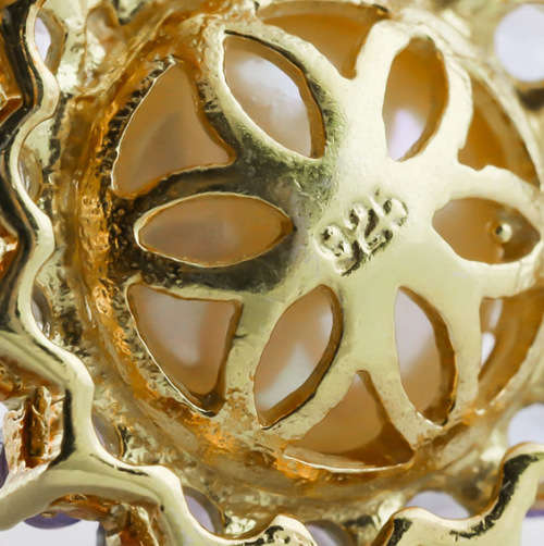 STUNNING MABÉ PEARL AND NATURAL TANZANITE STUD EARRINGS STERLING SILVER WITH A YELLOW GOLD FINISH