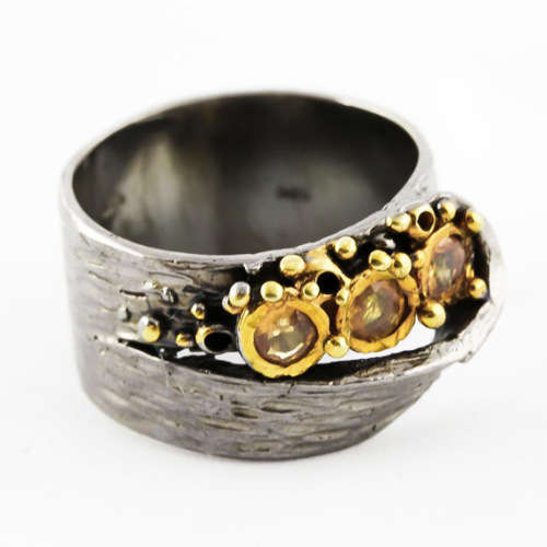 REAL SONGEA SAPPHIRES/ STRIKING HANDCRAFTED ORGANIC DESIGN RING GUNMETAL-HUED STERLING SILVER