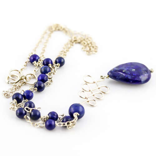 EYE-CATCHING LAPIS LAZULI STERLING SILVER T-DROP DESIGN NECKLACE. 46CM LONG NECKLACE