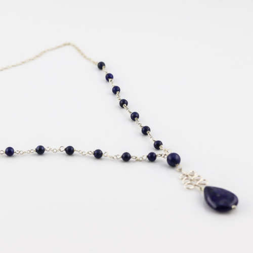 EYE-CATCHING LAPIS LAZULI STERLING SILVER T-DROP DESIGN NECKLACE. 46CM LONG NECKLACE