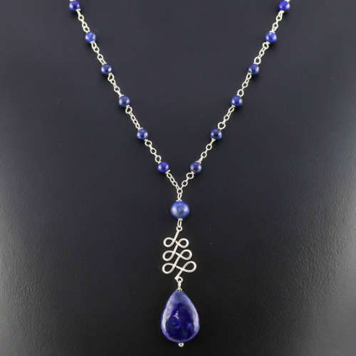 EYE-CATCHING LAPIS LAZULI STERLING SILVER T-DROP DESIGN NECKLACE. 46CM LONG NECKLACE