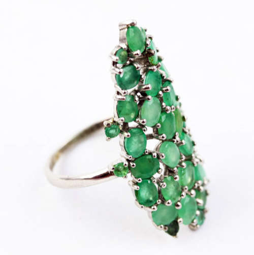 LARGE, LONG, UNHEATED NATURAL GREEN EMERALD SOLID STERLING SILVER RING