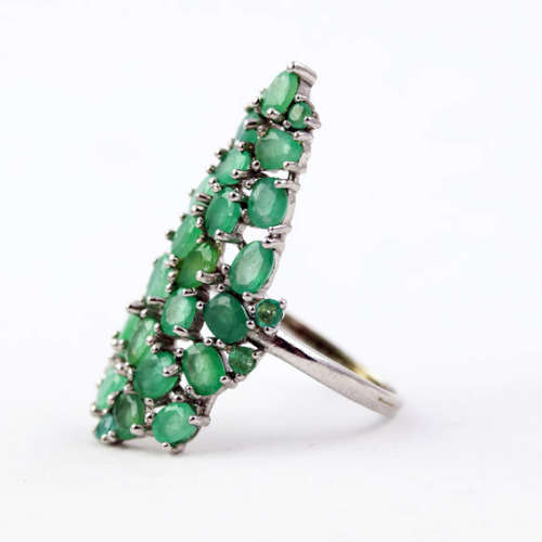 LARGE, LONG, UNHEATED NATURAL GREEN EMERALD SOLID STERLING SILVER RING