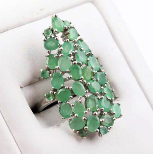 LARGE, LONG, UNHEATED NATURAL GREEN EMERALD SOLID STERLING SILVER RING