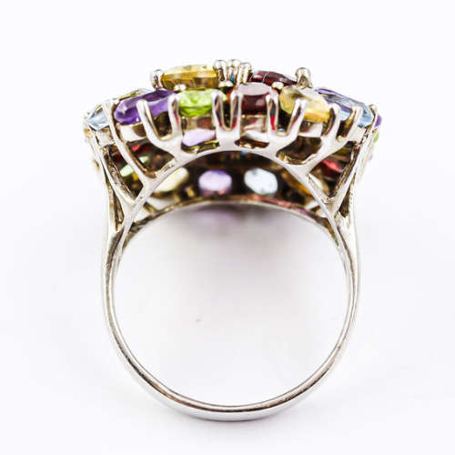 CHUNKY, SOLID STERLING SILVER RING WITH REAL GARNETS, PERIDOT, TOPAZ AND CITRINES. COLOURFUL! LARGE!