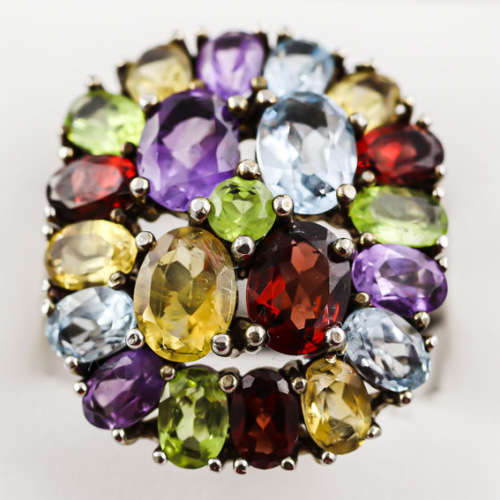 CHUNKY, SOLID STERLING SILVER RING WITH REAL GARNETS, PERIDOT, TOPAZ AND CITRINES. COLOURFUL! LARGE!