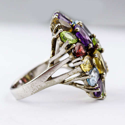 CHUNKY, SOLID STERLING SILVER RING WITH REAL GARNETS, PERIDOT, TOPAZ AND CITRINES. COLOURFUL! LARGE!
