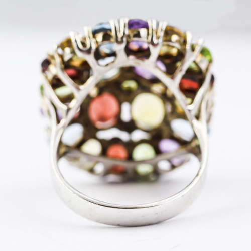 CHUNKY, SOLID STERLING SILVER RING WITH REAL GARNETS, PERIDOT, TOPAZ AND CITRINES. COLOURFUL! LARGE!