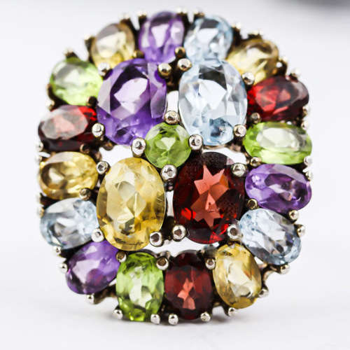 CHUNKY, SOLID STERLING SILVER RING WITH REAL GARNETS, PERIDOT, TOPAZ AND CITRINES. COLOURFUL! LARGE!