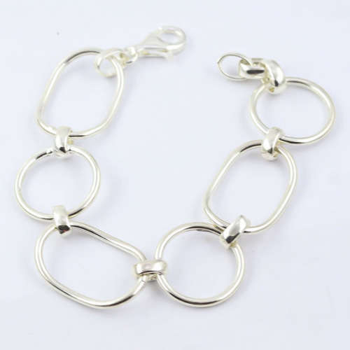 LARGE OPEN LINK 25CM ITALIAN STERLING SILVER BRACELET WITH ALTERNATING ORGANIC SHAPE LINKS