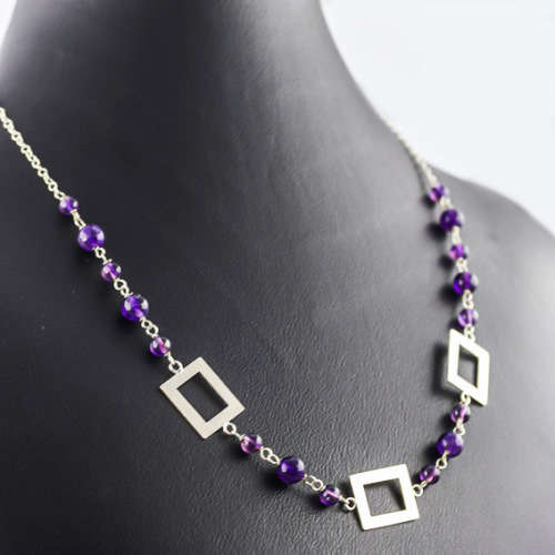 NATURAL AMETHYST NECKLACE STERLING SILVER. OPENWORK GEOMETRIC DESIGN LINK