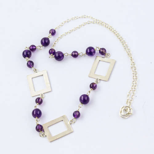 NATURAL AMETHYST NECKLACE STERLING SILVER. OPENWORK GEOMETRIC DESIGN LINK