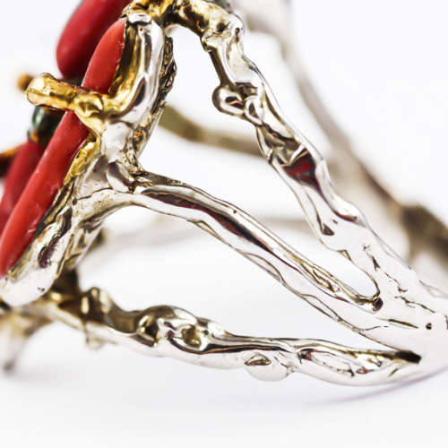 REAL CORAL AND SONGEA-MINED SAPPHIRE STERLING SILVER RING. HANDRAFTED. ORGANIC. GORGEOUS COLOUR