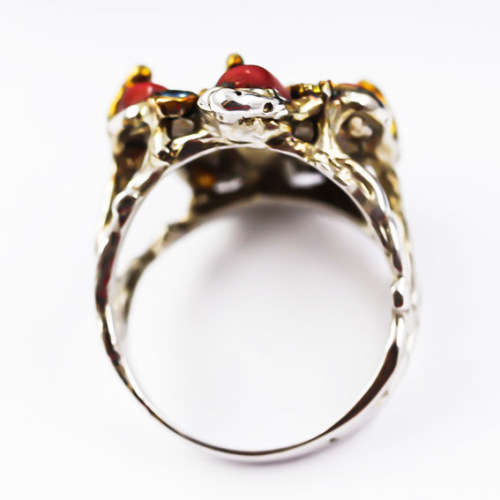 REAL CORAL AND SONGEA-MINED SAPPHIRE STERLING SILVER RING. HANDRAFTED. ORGANIC. GORGEOUS COLOUR