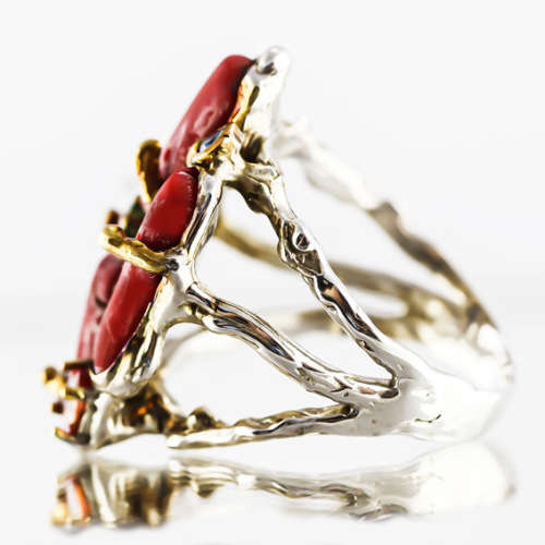 REAL CORAL AND SONGEA-MINED SAPPHIRE STERLING SILVER RING. HANDRAFTED. ORGANIC. GORGEOUS COLOUR