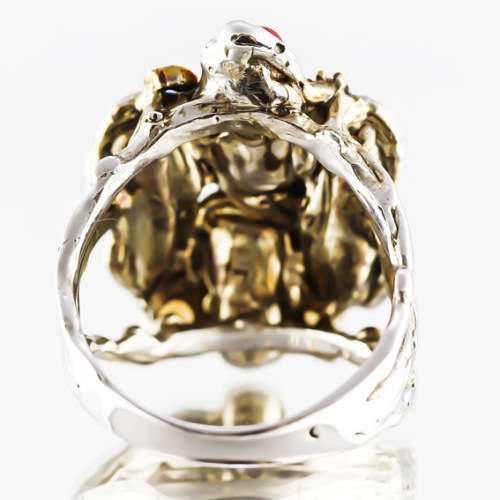 REAL CORAL AND SONGEA-MINED SAPPHIRE STERLING SILVER RING. HANDRAFTED. ORGANIC. GORGEOUS COLOUR