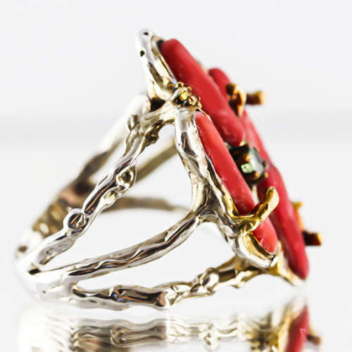 REAL CORAL AND SONGEA-MINED SAPPHIRE STERLING SILVER RING. HANDRAFTED. ORGANIC. GORGEOUS COLOUR